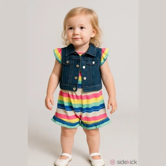 DELIAS Baby Girls Striped Romper Sleeveless Denim Vest Set Multicolor 2T NWT - Picture 1 of 14
